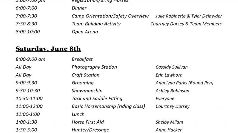 4-H Horse Camp Itinerary